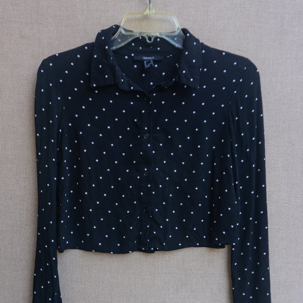 Forever21 Polka Dots Long Sleeve Button Down Crop Top Blouse
